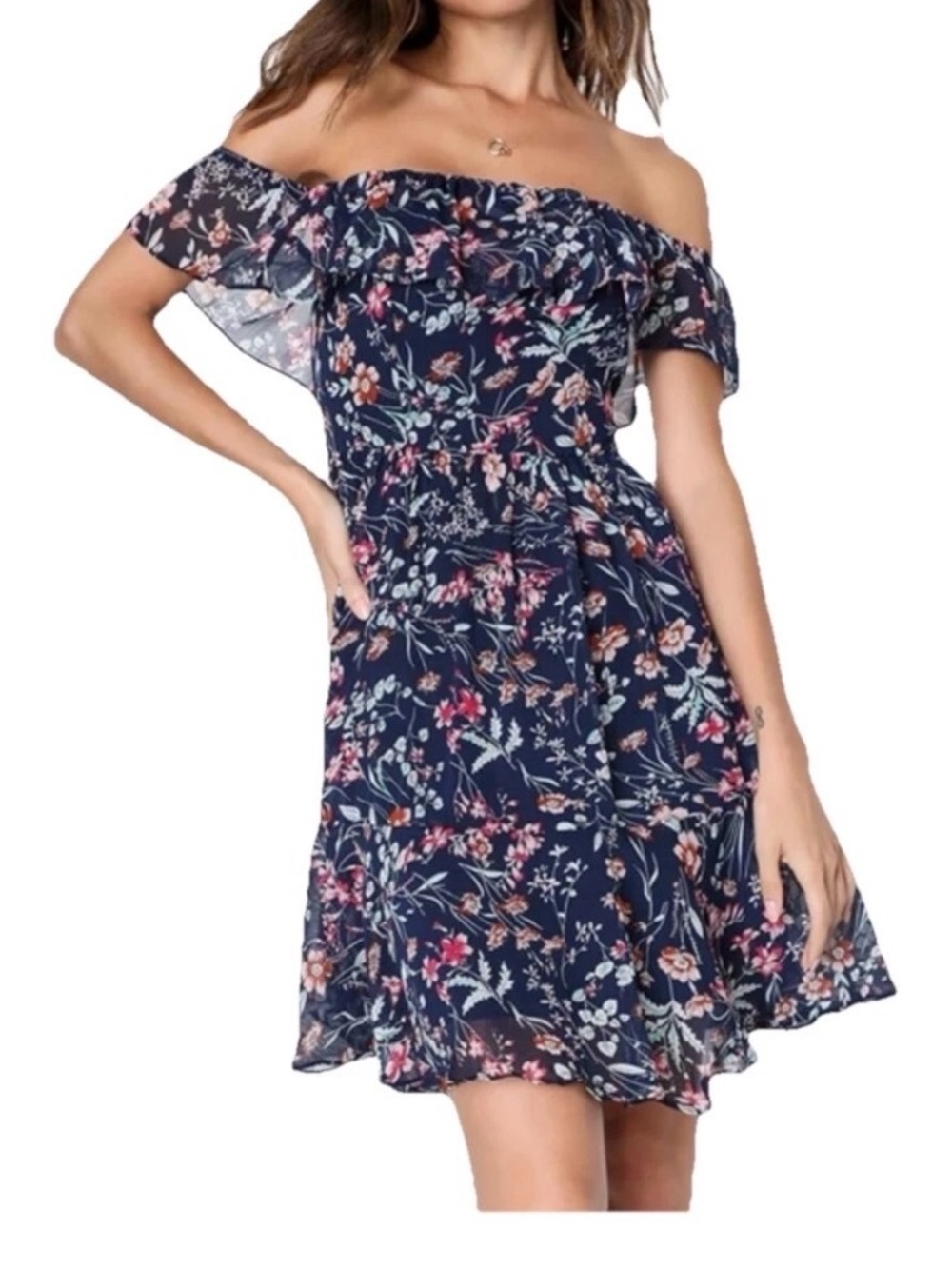 NWT Lulus My Favorite Navy Blue Floral Print Off the Shoulder Dress L